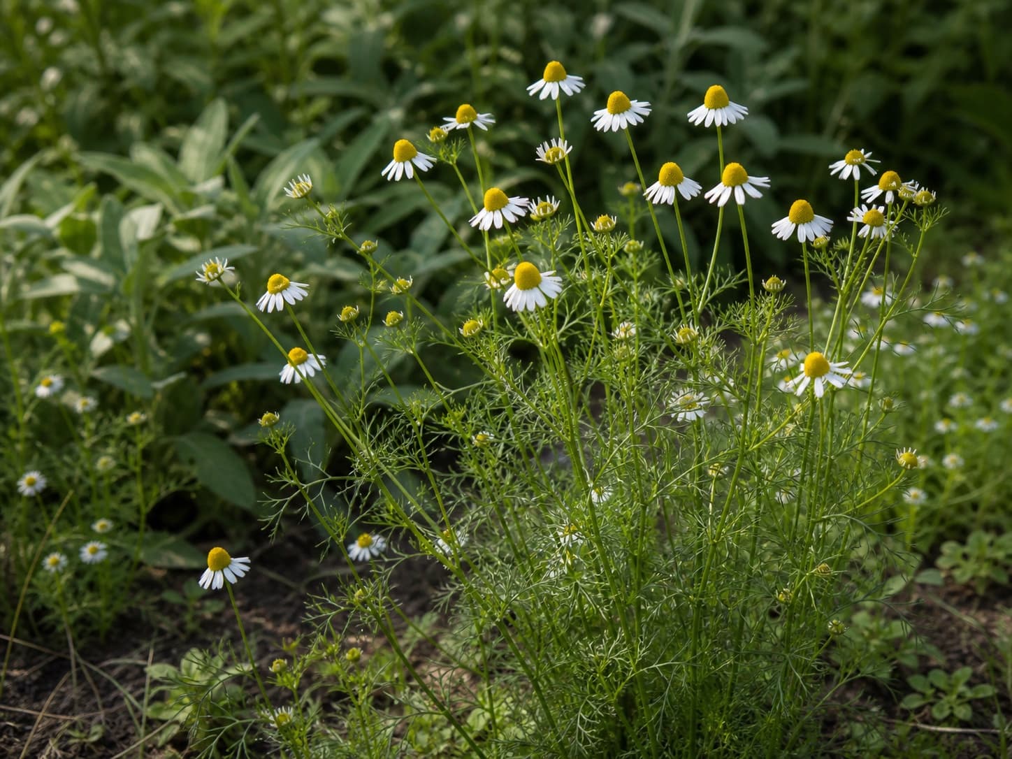 German chamomile flowering outdoors, with finely divided leaves and white rays around raised yellow flower centres.
