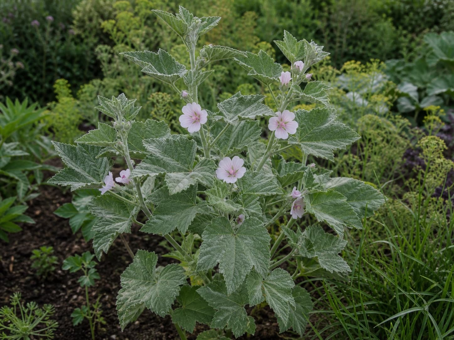 Marshmallow plant with downy grey-green leaves and pale pink flowers growing in a garden.